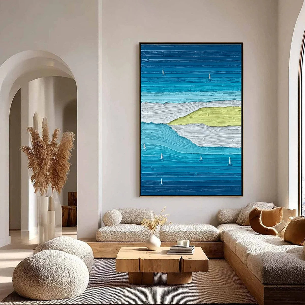 Azure Horizon Textured Seascape Oil Painting | Coastal Wall Art | gold frame stretched on neutral wall