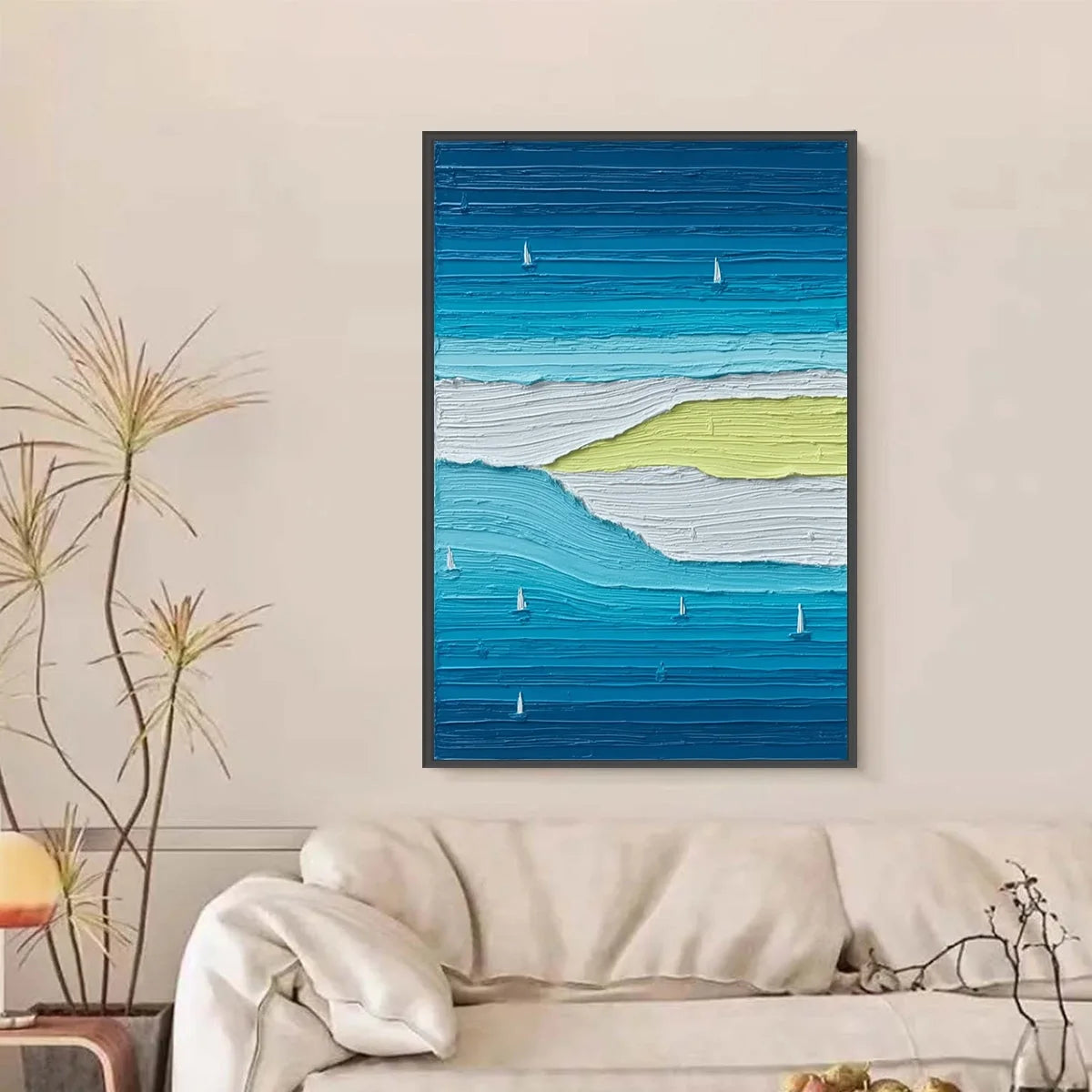 Azure Horizon Textured Seascape Oil Painting | Coastal Wall Art | black frame version on white wall