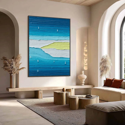 Azure Horizon Textured Seascape Oil Painting | Coastal Wall Art | Abstract mood, soft natural light studio shot