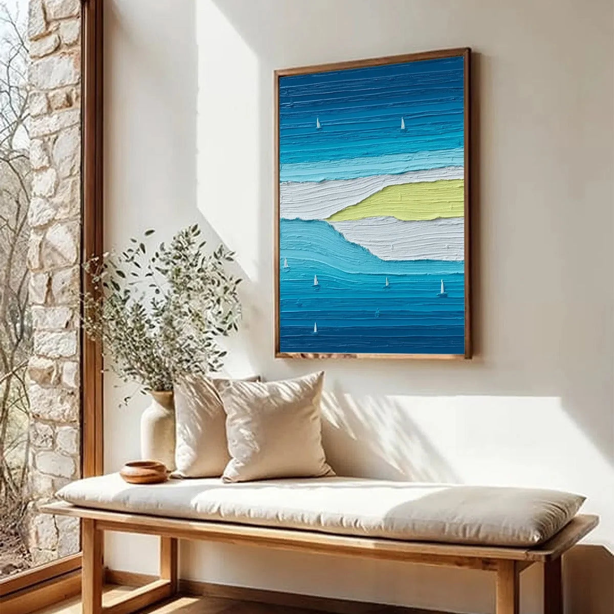 Azure Horizon Textured Seascape Oil Painting | Coastal Wall Art | blue palette, original Hand-painted on premium stretched canvas with artist-grade oils; thick palette-knife surface creates light-c...