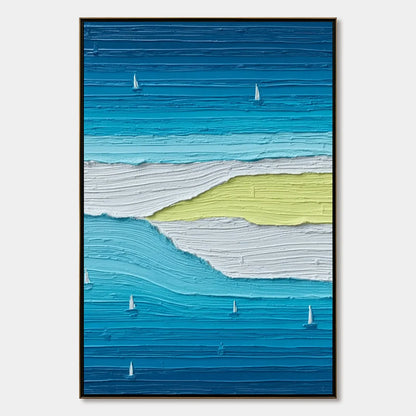 Azure Horizon Textured Seascape Oil Painting | Coastal Wall Art | hanging in Textured seascape oil painting capturing a calm blue horizon where sea meets sky; soft layered brushwork evokes tranquil...