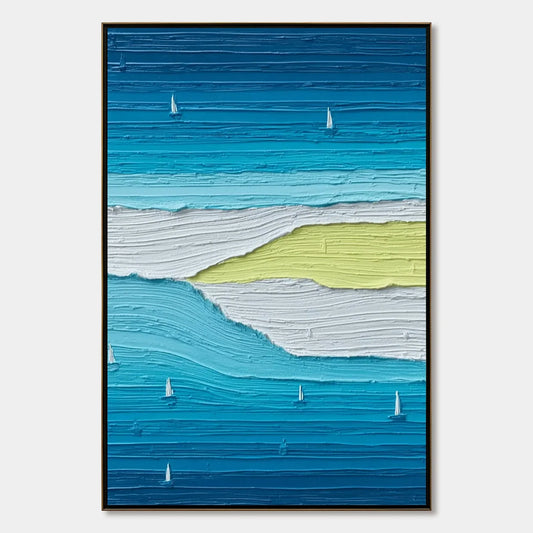 Azure Horizon Textured Seascape Oil Painting | Coastal Wall Art | hanging in Textured seascape oil painting capturing a calm blue horizon where sea meets sky; soft layered brushwork evokes tranquil...