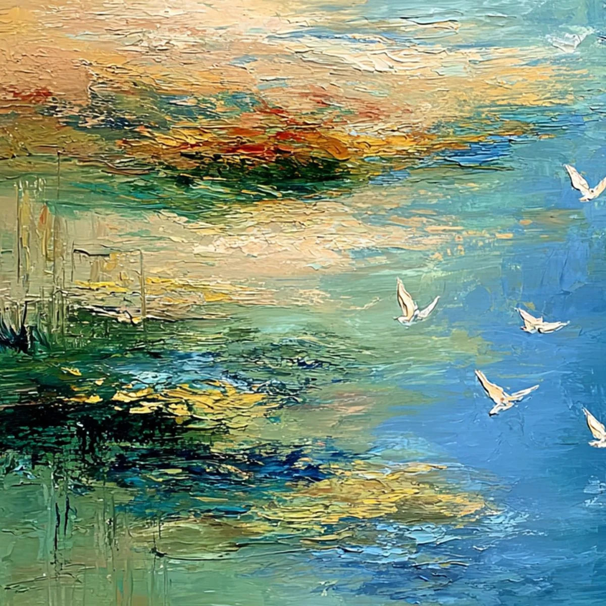 AZURE JOURNEY: Textured Abstract River Landscape Painting | rectangular format, hand-painted canvas edge
