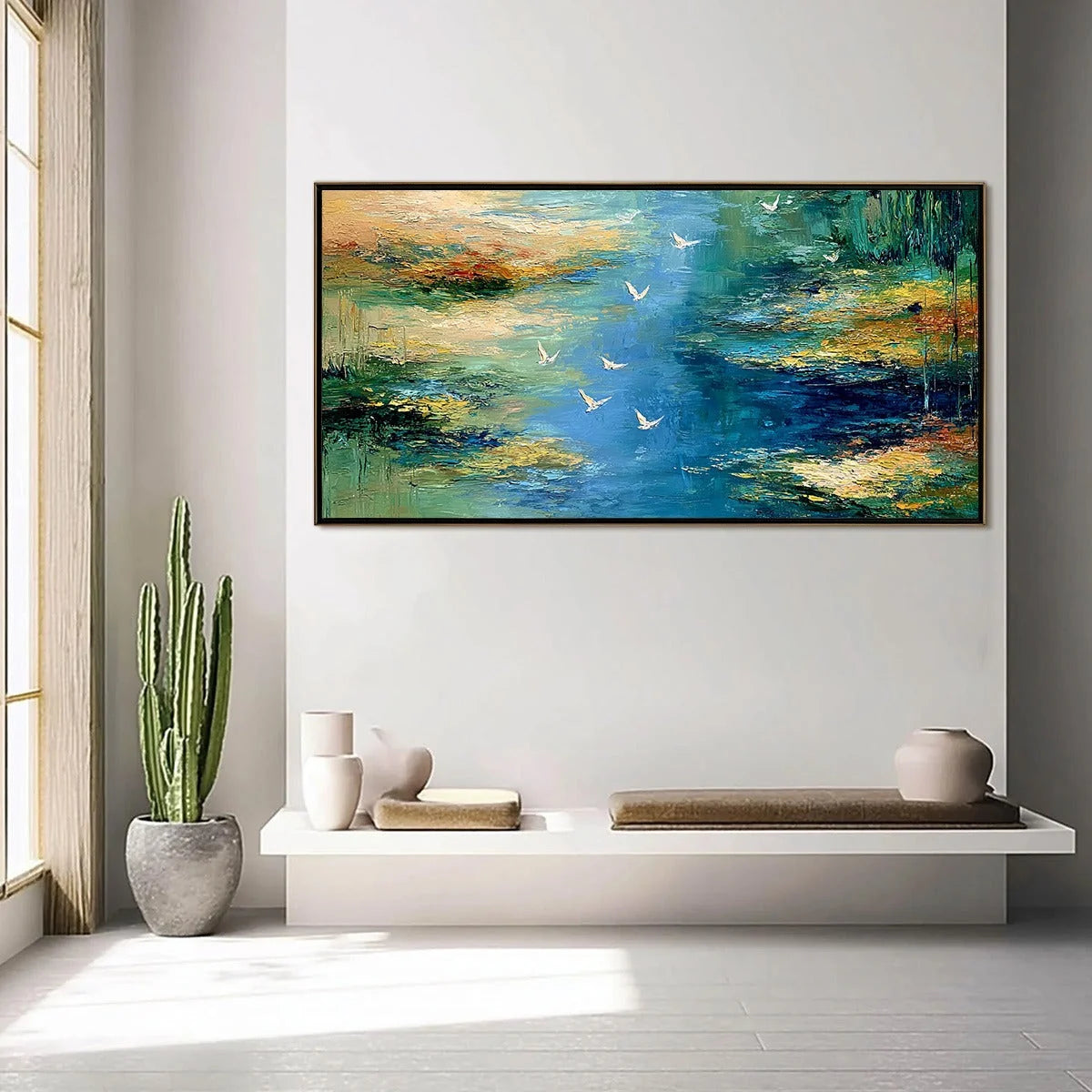 AZURE JOURNEY: Textured Abstract River Landscape Painting | gold frame stretched on neutral wall