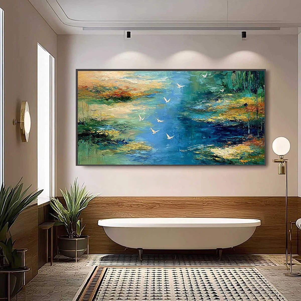 AZURE JOURNEY: Textured Abstract River Landscape Painting | black frame version on white wall