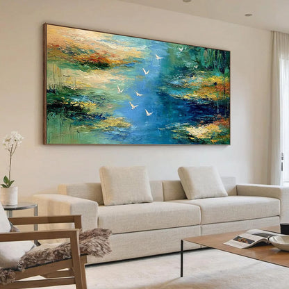 AZURE JOURNEY: Textured Abstract River Landscape Painting | Abstract mood, soft natural light studio shot