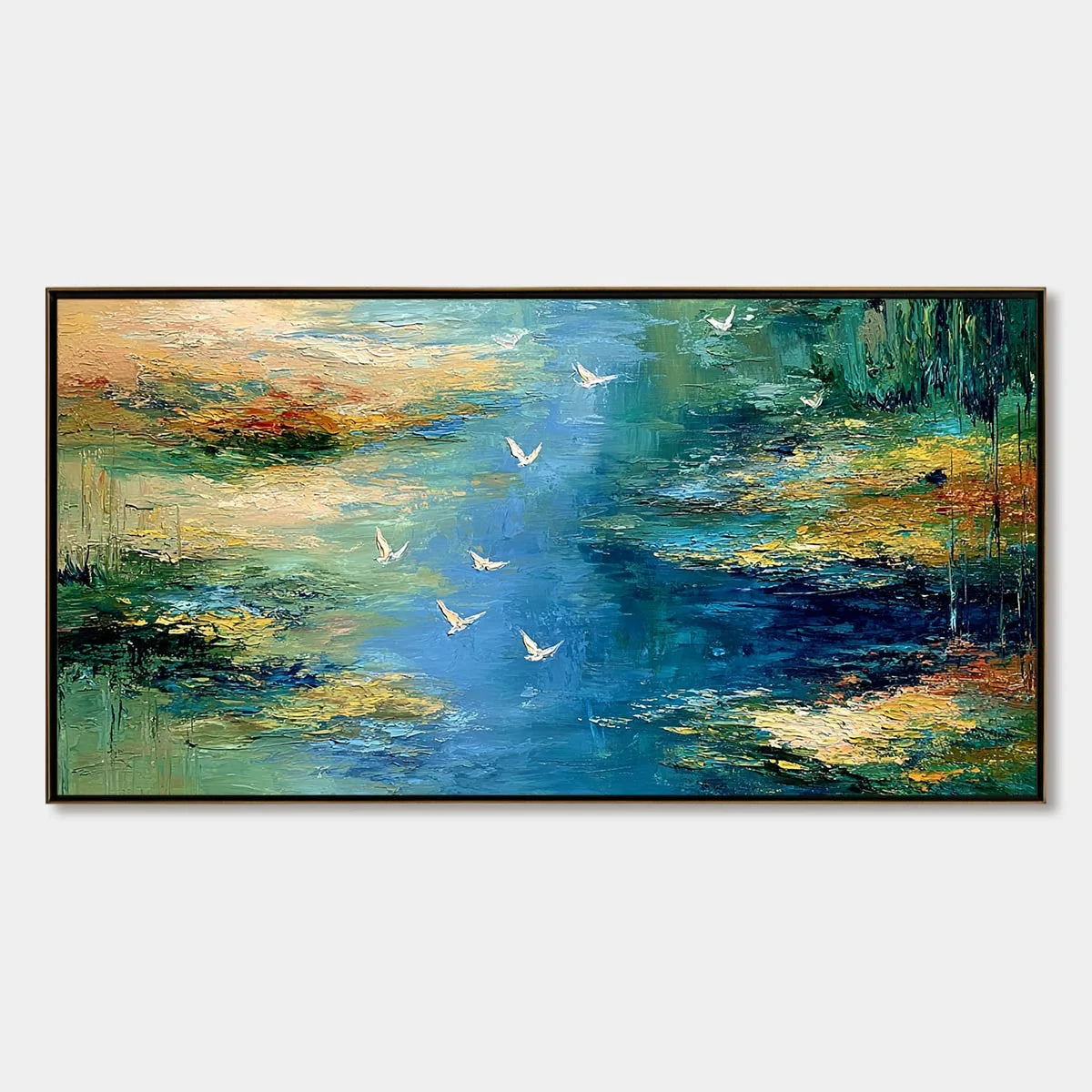AZURE JOURNEY: Textured Abstract River Landscape Painting | hanging in Textured abstract river landscape oil painting in soft blue, turquoise, and green tones; suggests a winding waterway with pale...