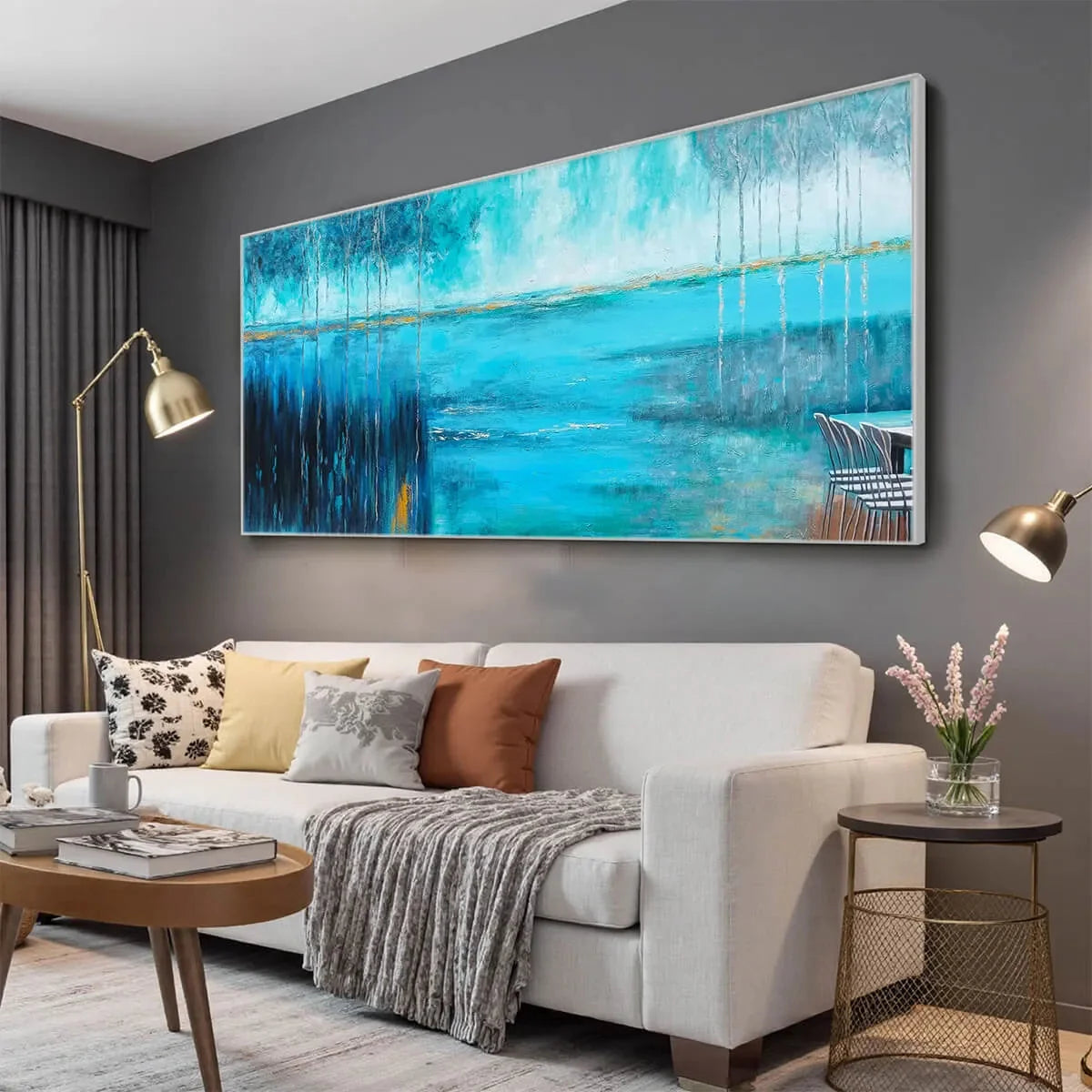 AZURE REFLECTIONS: Abstract Landscape Oil Painting on Canvas | gold frame stretched on neutral wall