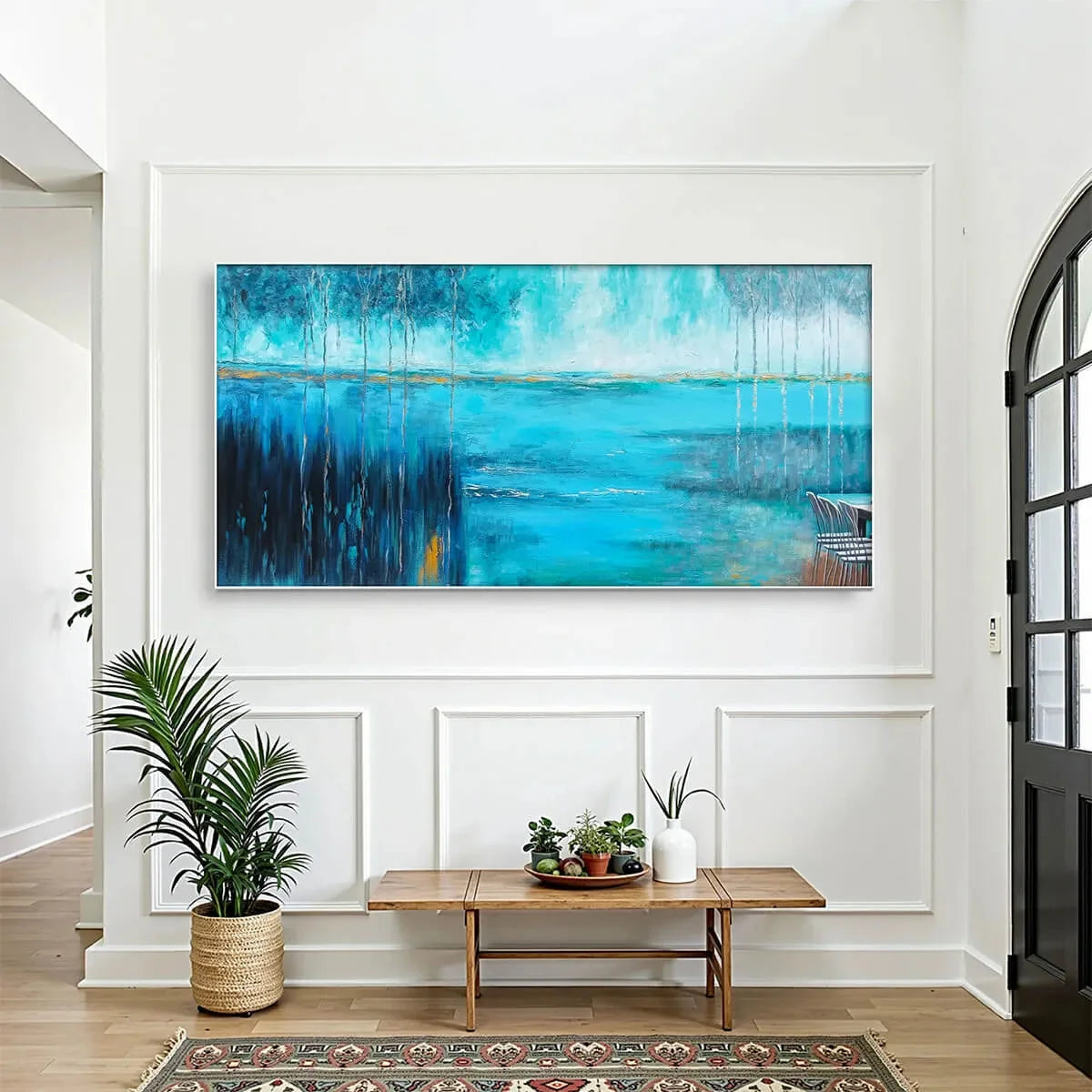 AZURE REFLECTIONS: Abstract Landscape Oil Painting on Canvas | black frame version on white wall