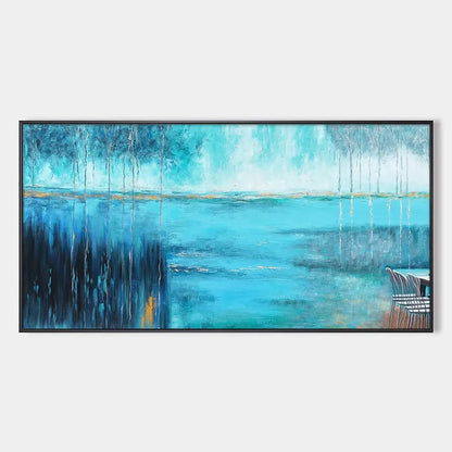 AZURE REFLECTIONS: Abstract Landscape Oil Painting on Canvas | hanging in Abstract landscape oil painting in cool blue, silver, and white tones; layered textured brushwork creates the impression of...