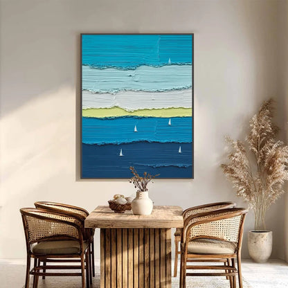 AZURE REGATTA: Textured Vertical Seascape with Sailboats | Abstract closeup, raised brushwork detail