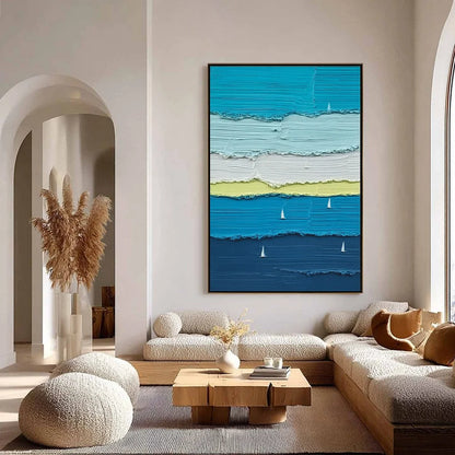 AZURE REGATTA: Textured Vertical Seascape with Sailboats | gold frame stretched on neutral wall