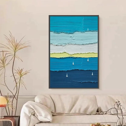 AZURE REGATTA: Textured Vertical Seascape with Sailboats | black frame version on white wall