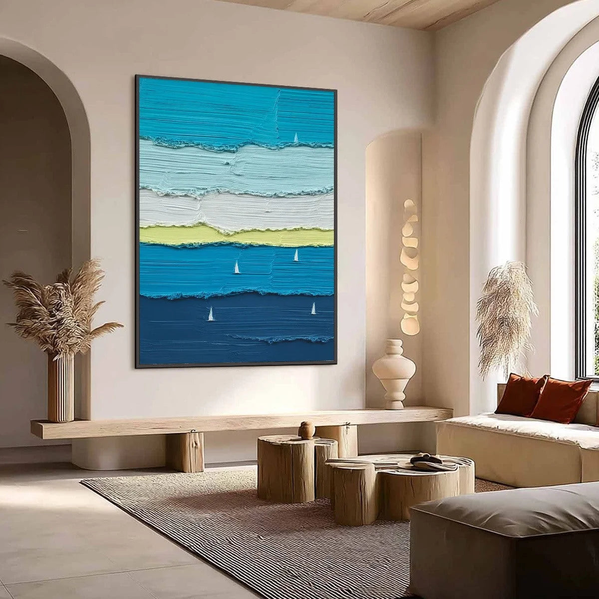 AZURE REGATTA: Textured Vertical Seascape with Sailboats | Abstract mood, soft natural light studio shot