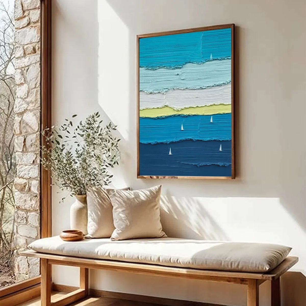AZURE REGATTA: Textured Vertical Seascape with Sailboats | blue palette, original Hand-painted on tall narrow stretched canvas with artist-grade oils; rich layered surface conveys ocean depth, sky,...