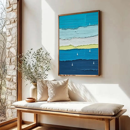 AZURE REGATTA: Textured Vertical Seascape with Sailboats | blue palette, original Hand-painted on tall narrow stretched canvas with artist-grade oils; rich layered surface conveys ocean depth, sky,...