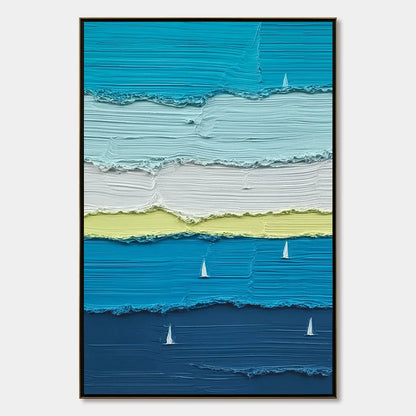 AZURE REGATTA: Textured Vertical Seascape with Sailboats | hanging in Textured vertical seascape oil painting featuring small sailboats on a calm blue sea; thick palette-knife brushwork creates a l...
