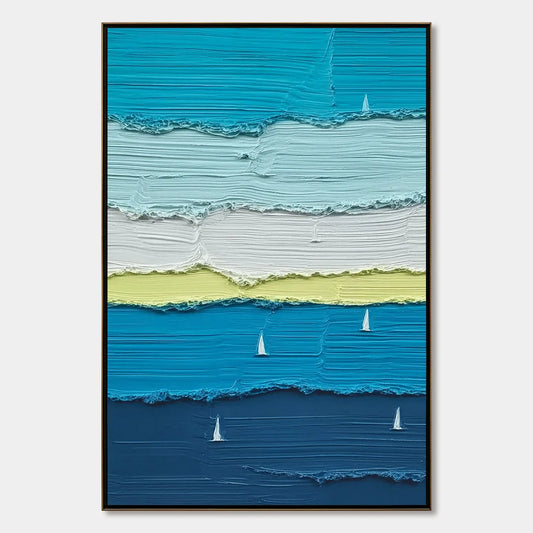 AZURE REGATTA: Textured Vertical Seascape with Sailboats | hanging in Textured vertical seascape oil painting featuring small sailboats on a calm blue sea; thick palette-knife brushwork creates a l...