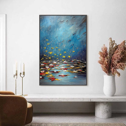 AZURE REVERIE: Textured Impasto Painting of a Lily Pond in the Rain | Abstract closeup, raised brushwork detail