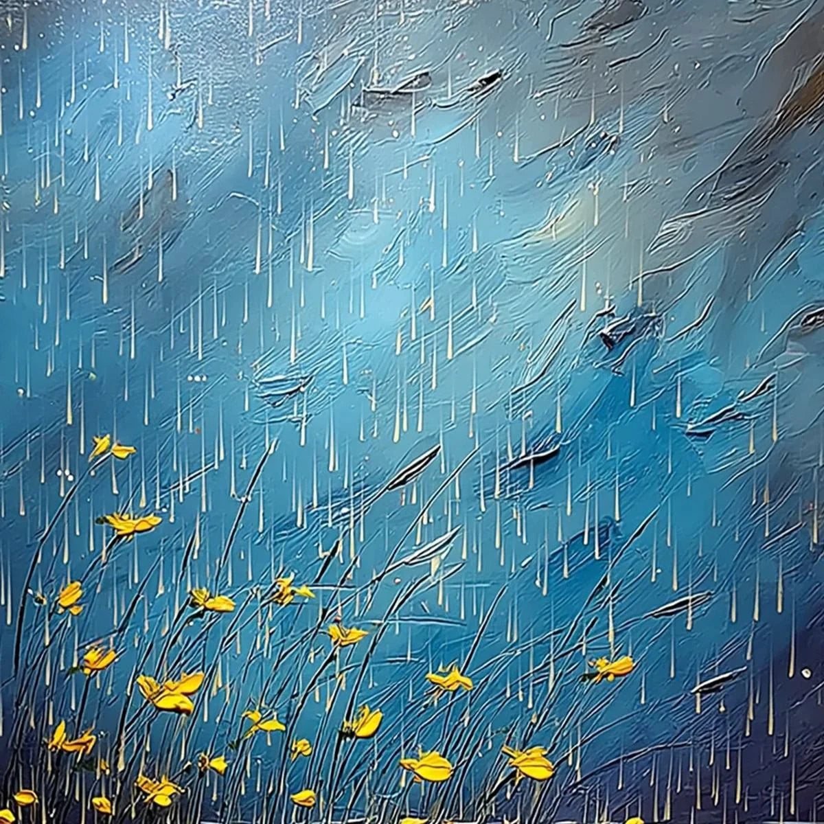 AZURE REVERIE: Textured Impasto Painting of a Lily Pond in the Rain | rectangular format, hand-painted canvas edge