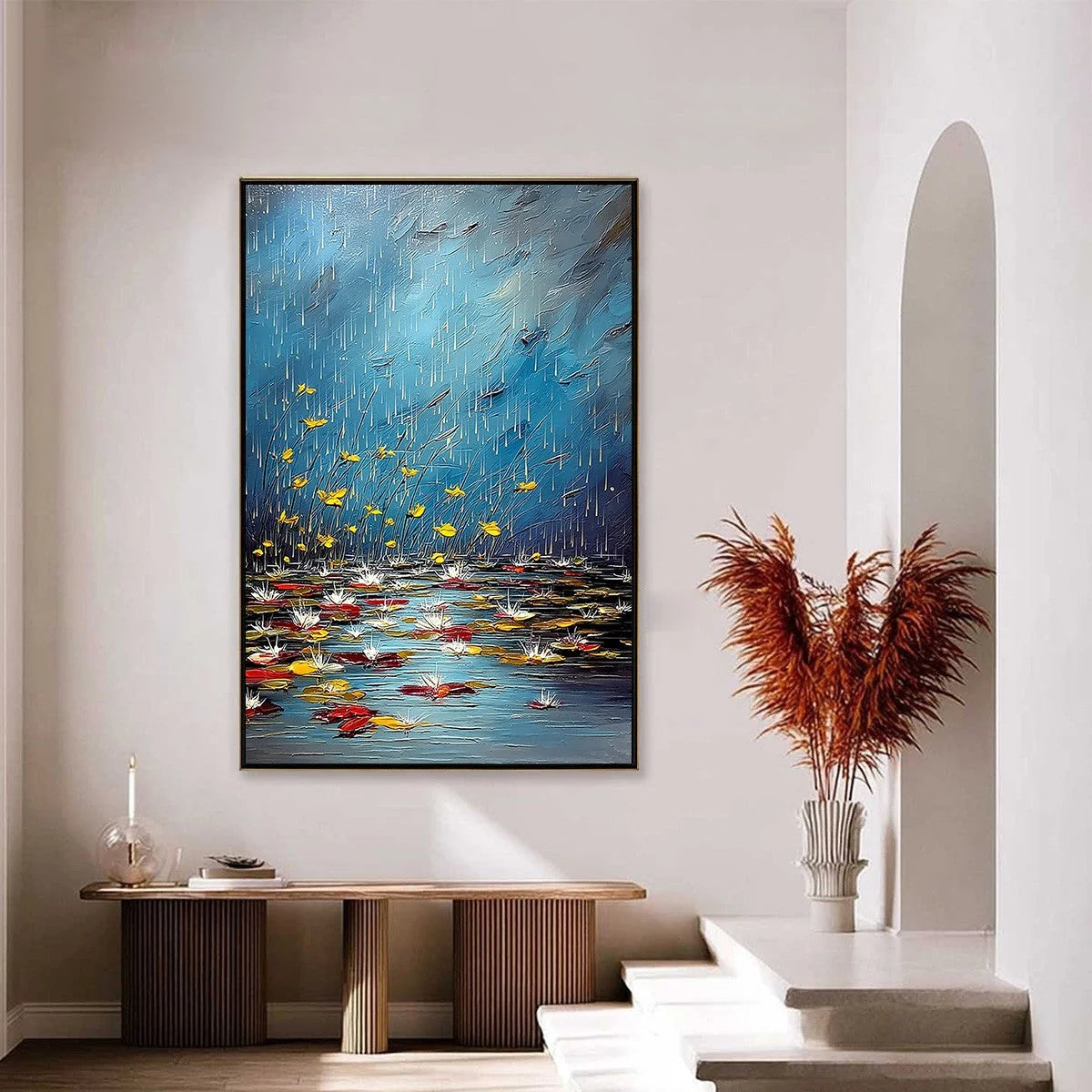 AZURE REVERIE: Textured Impasto Painting of a Lily Pond in the Rain | gold frame stretched on neutral wall