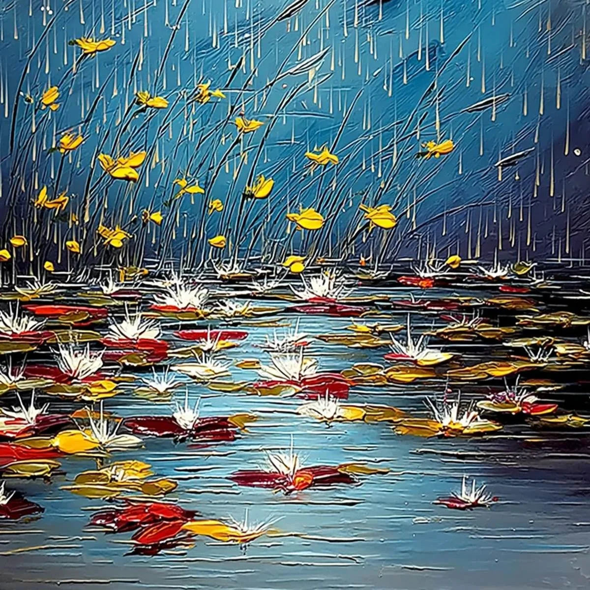AZURE REVERIE: Textured Impasto Painting of a Lily Pond in the Rain | rolled canvas, ready for custom framing