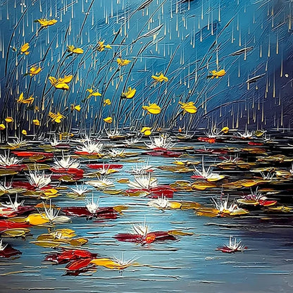 AZURE REVERIE: Textured Impasto Painting of a Lily Pond in the Rain | rolled canvas, ready for custom framing