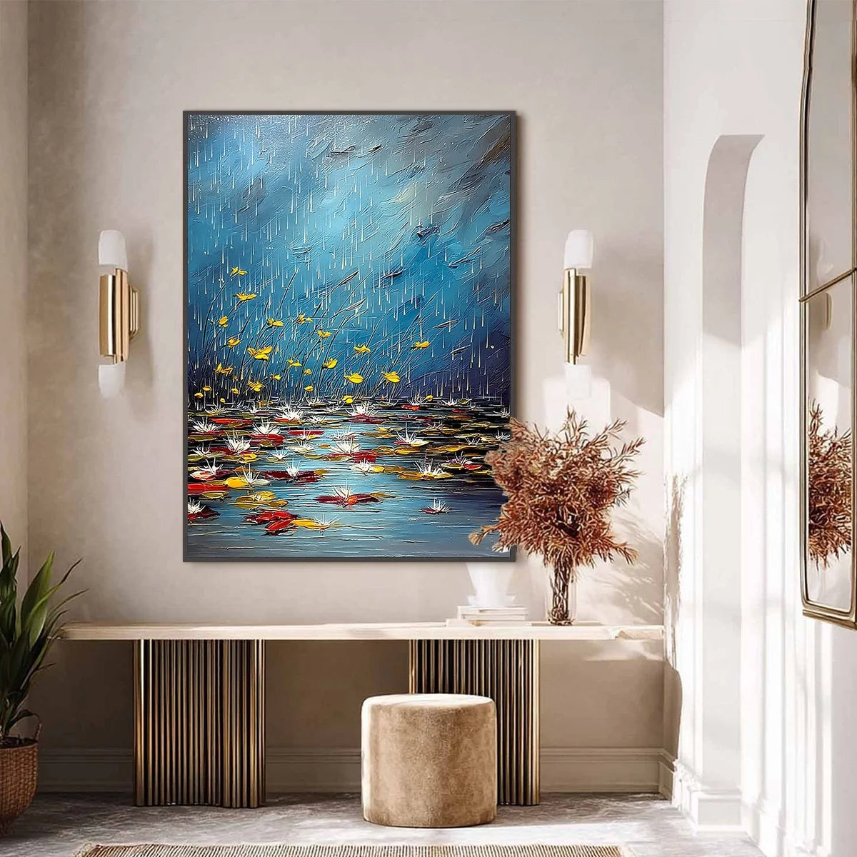 AZURE REVERIE: Textured Impasto Painting of a Lily Pond in the Rain | black frame version on white wall