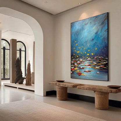AZURE REVERIE: Textured Impasto Painting of a Lily Pond in the Rain | Abstract mood, soft natural light studio shot