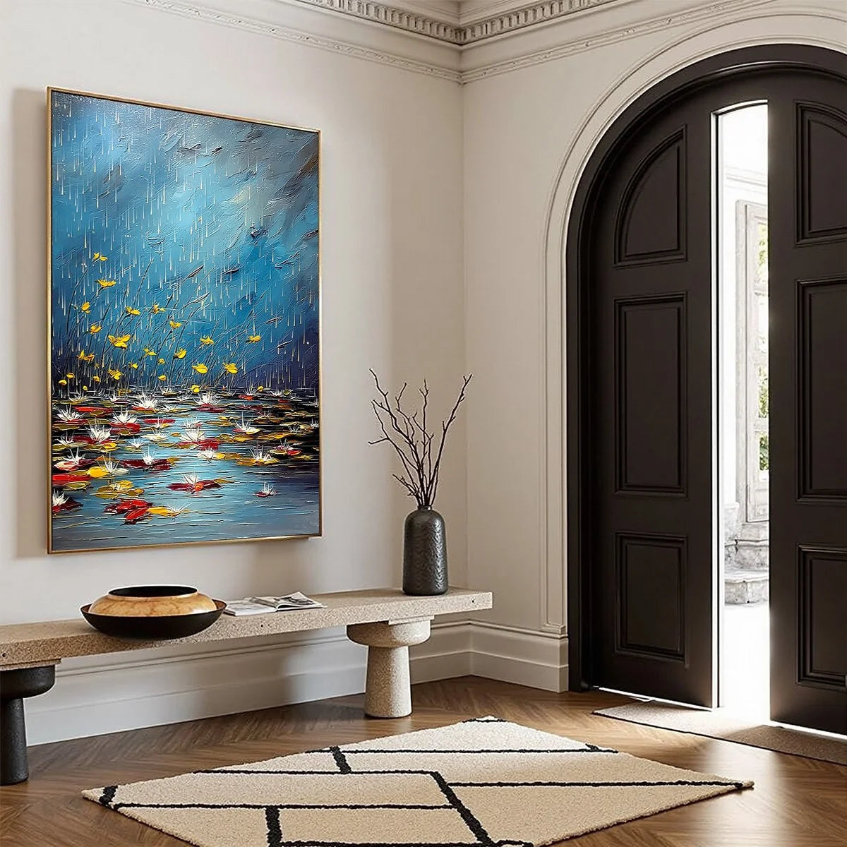 AZURE REVERIE: Textured Impasto Painting of a Lily Pond in the Rain | blue palette, original Hand-painted on premium stretched canvas using artist-grade oils; rich layered surface combines smooth g...