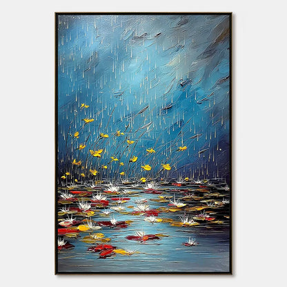 AZURE REVERIE: Textured Impasto Painting of a Lily Pond in the Rain | hanging in AZURE REVERIE: Textured Impasto Painting of a Lily Pond in the Rain featuring layered textured brushwork in refined ...