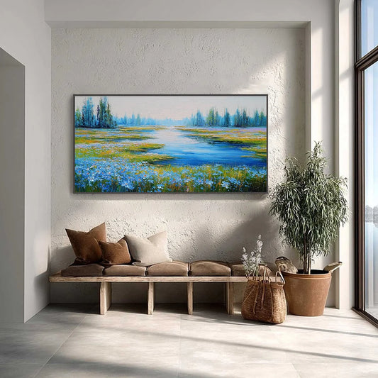 AZURE REVERIE: Textured Palette Knife Painting of a Serene Lakeside Meadow