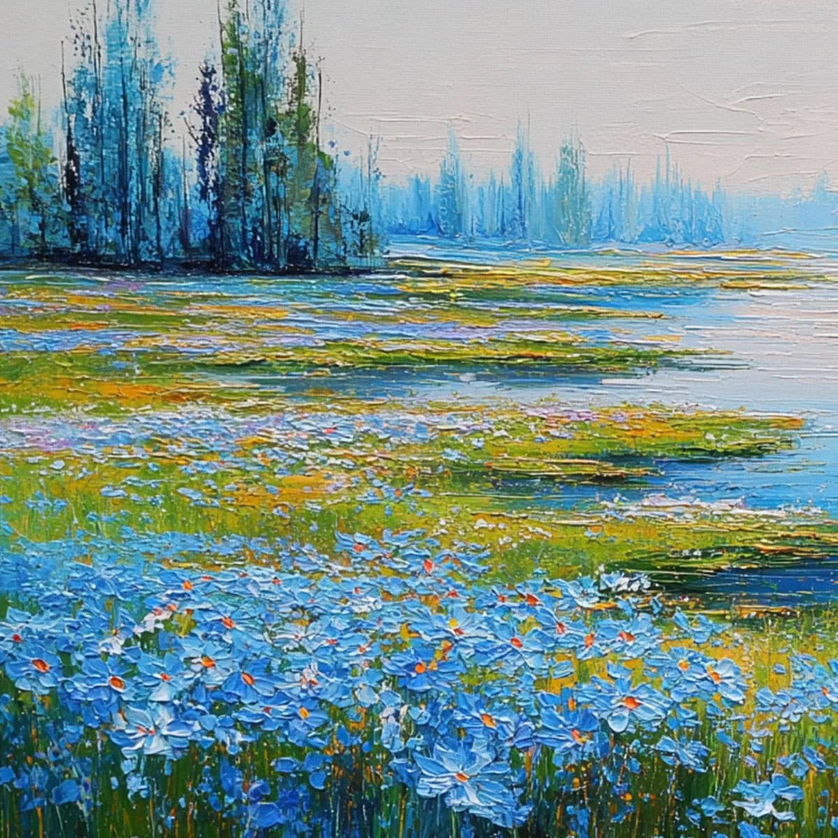 AZURE REVERIE: Textured Palette Knife Painting of a Serene Coast | rectangular format, hand-painted canvas edge