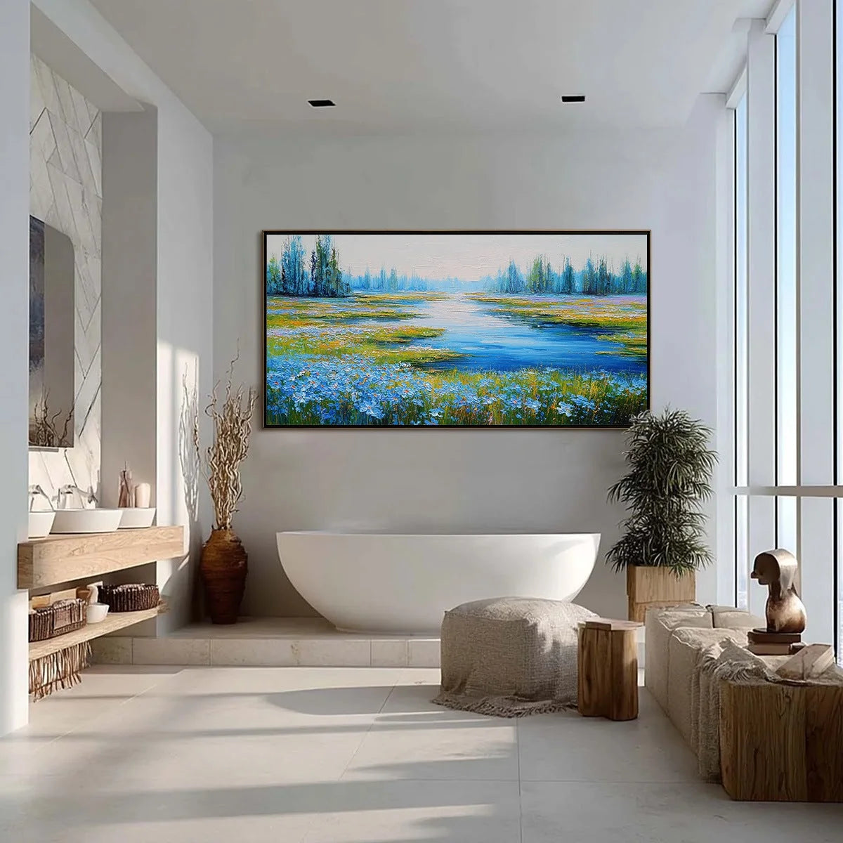 AZURE REVERIE: Textured Palette Knife Painting of a Serene Coast | gold frame stretched on neutral wall