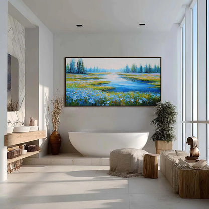 AZURE REVERIE: Textured Palette Knife Painting of a Serene Coast | gold frame stretched on neutral wall