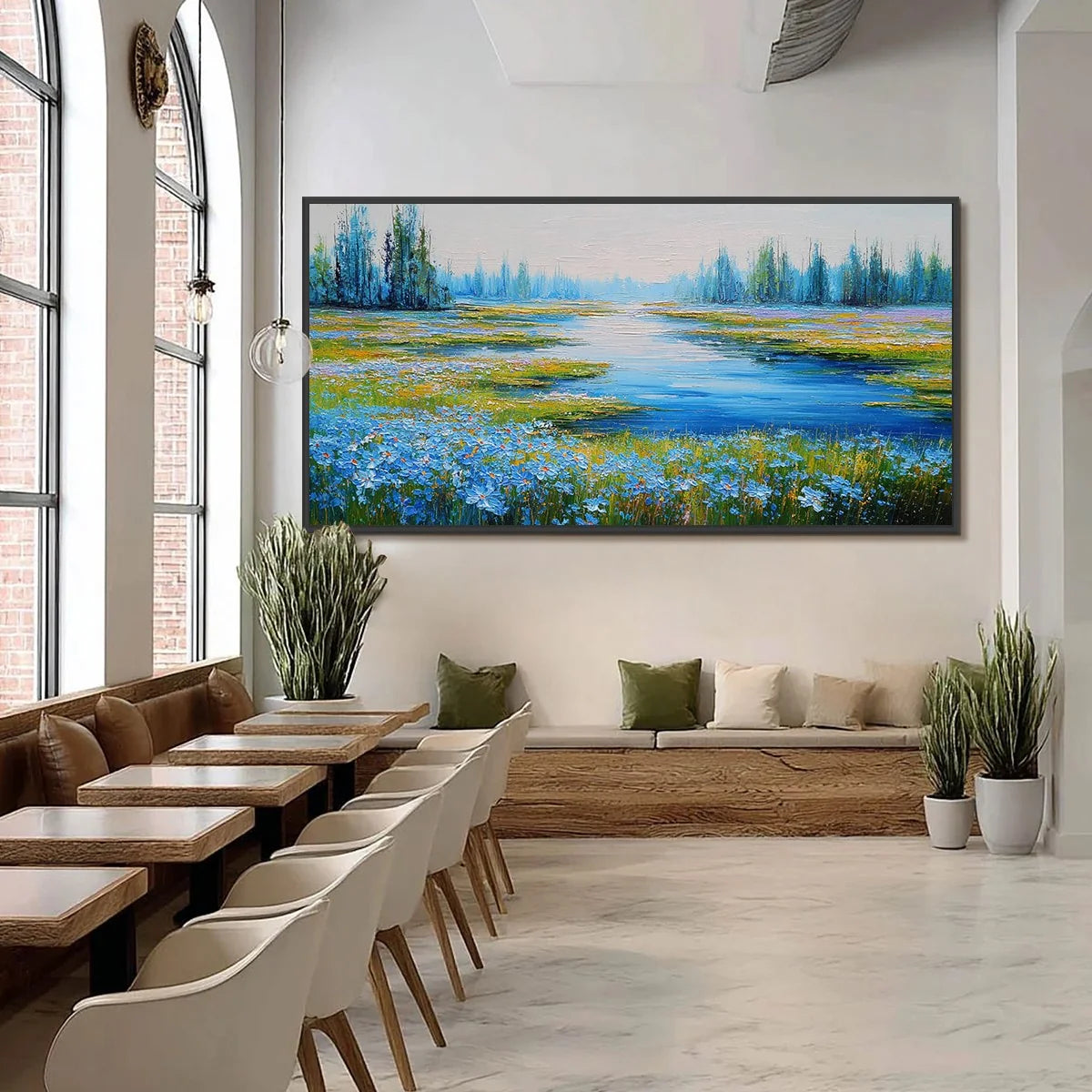 AZURE REVERIE: Textured Palette Knife Painting of a Serene Coast | black frame version on white wall