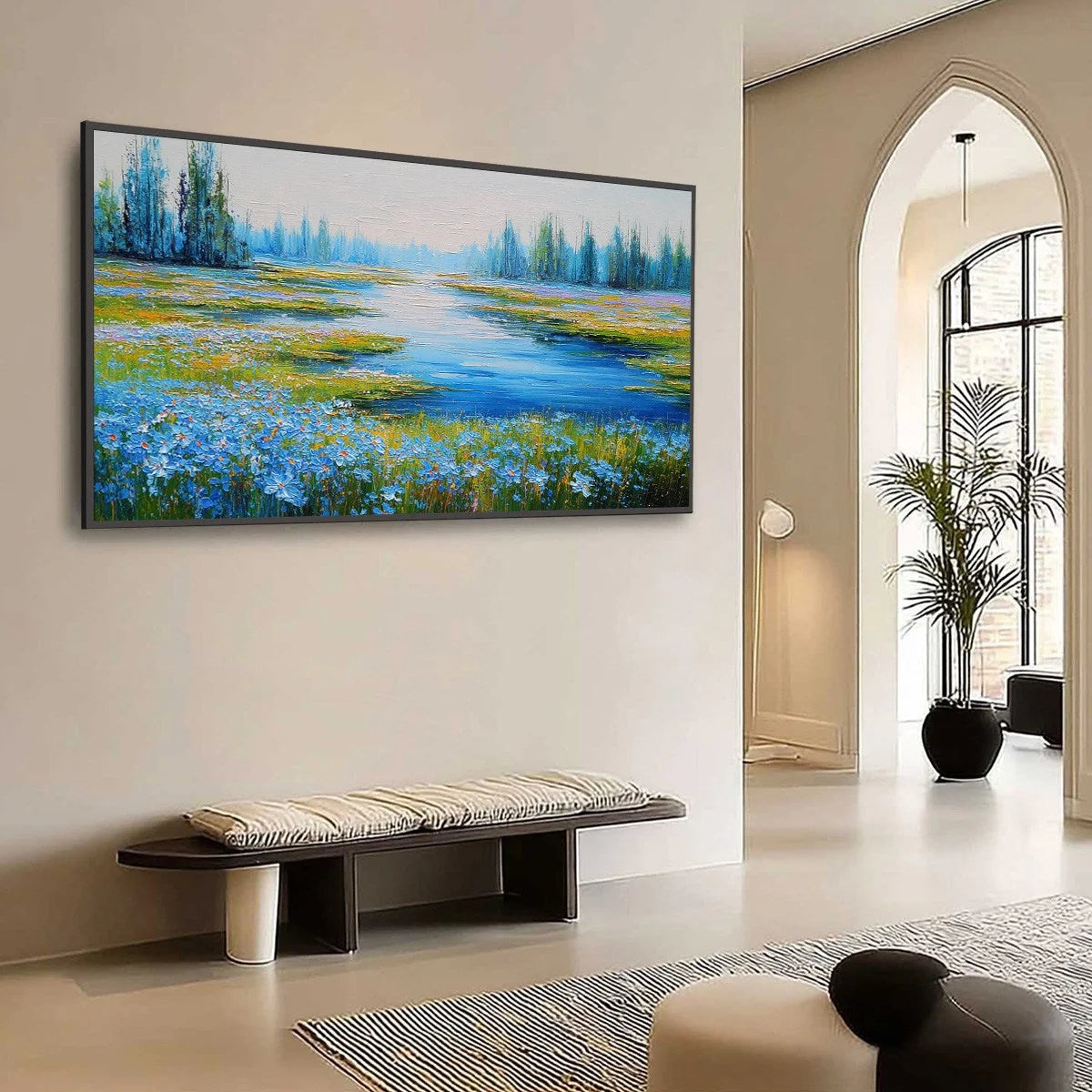 AZURE REVERIE: Textured Palette Knife Painting of a Serene Coast | textured palette knife mood, soft natural light studio shot