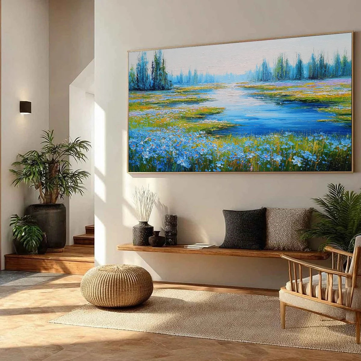 AZURE REVERIE: Textured Palette Knife Painting of a Serene Coast | blue palette, original bedroom art