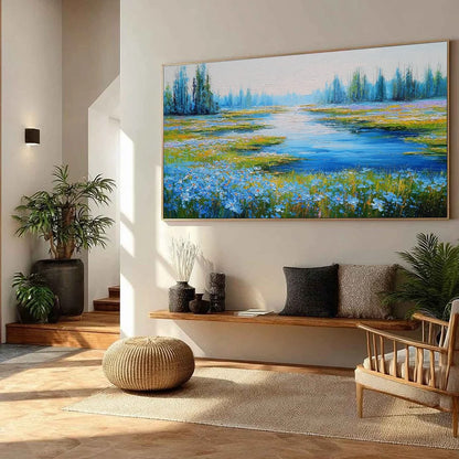 AZURE REVERIE: Textured Palette Knife Painting of a Serene Coast | blue palette, original bedroom art