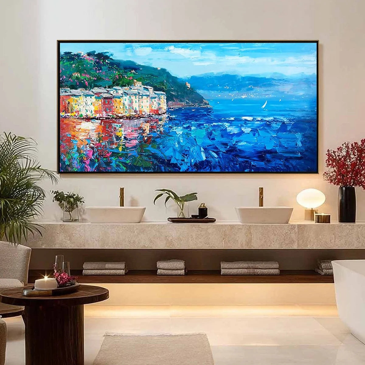 AZURE RIVIERA: Palette Knife Coastal Seascape Oil Painting | palette knife closeup, raised brushwork detail