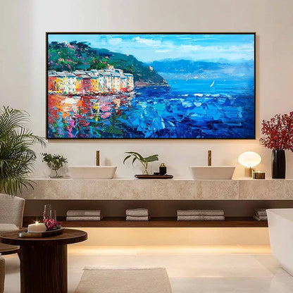 AZURE RIVIERA: Palette Knife Coastal Seascape Oil Painting | palette knife closeup, raised brushwork detail