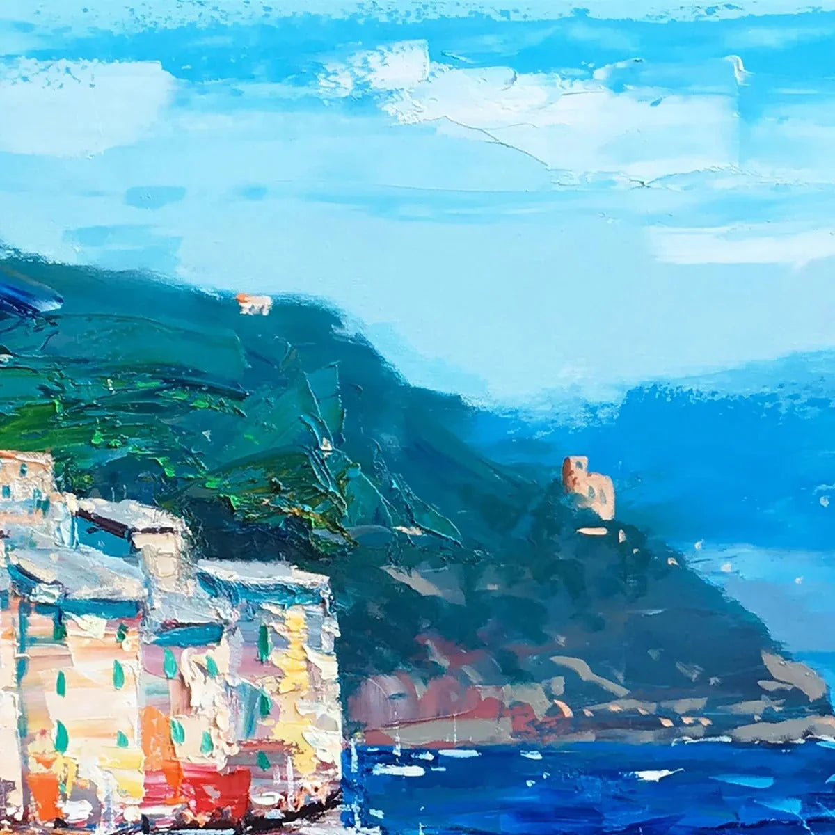 AZURE RIVIERA: Palette Knife Coastal Seascape Oil Painting | rectangular format, hand-painted canvas edge