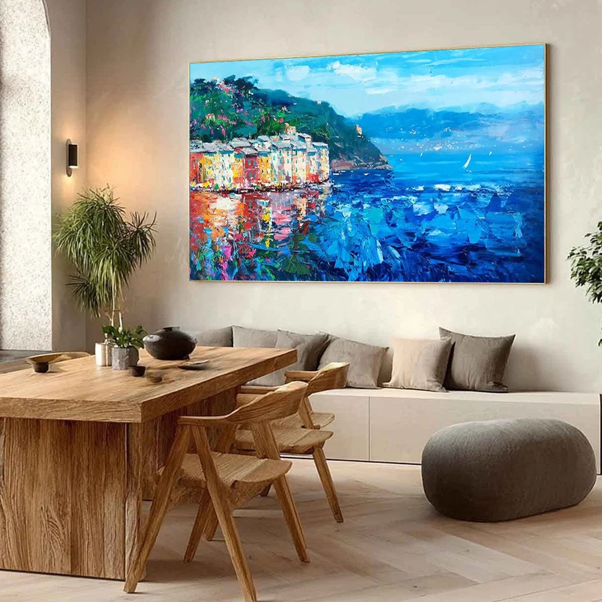 AZURE RIVIERA: Palette Knife Coastal Seascape Oil Painting | gold frame stretched on neutral wall