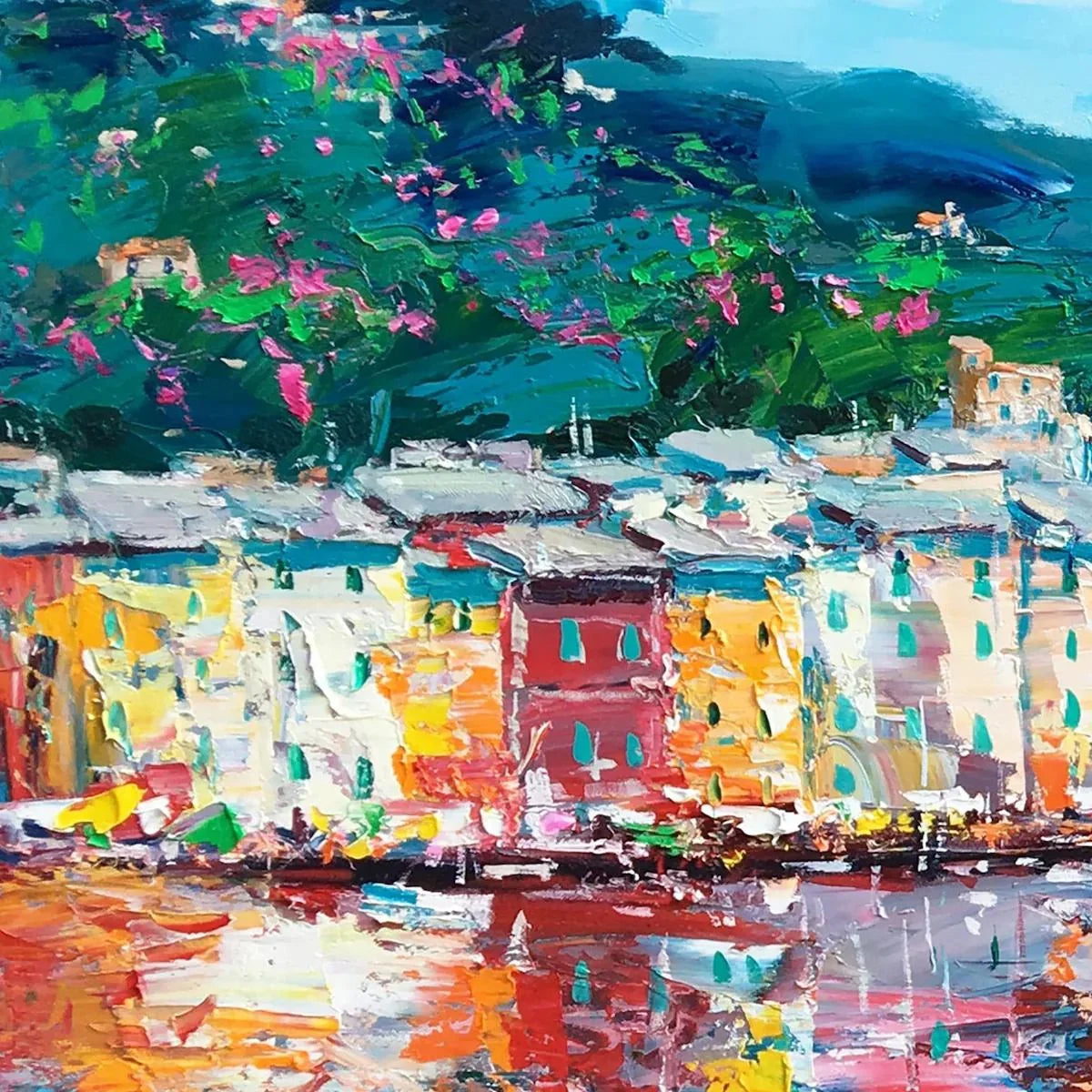 AZURE RIVIERA: Palette Knife Coastal Seascape Oil Painting | rolled canvas, ready for custom framing