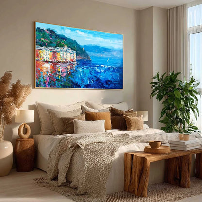 AZURE RIVIERA: Palette Knife Coastal Seascape Oil Painting | black frame version on white wall