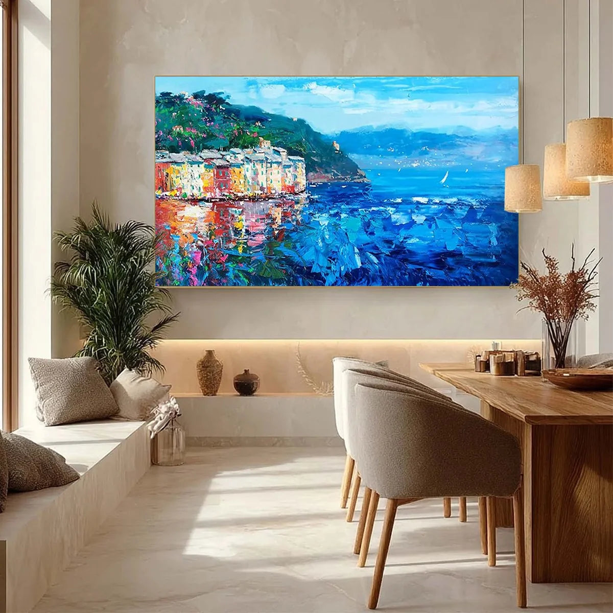 AZURE RIVIERA: Palette Knife Coastal Seascape Oil Painting | palette knife mood, soft natural light studio shot