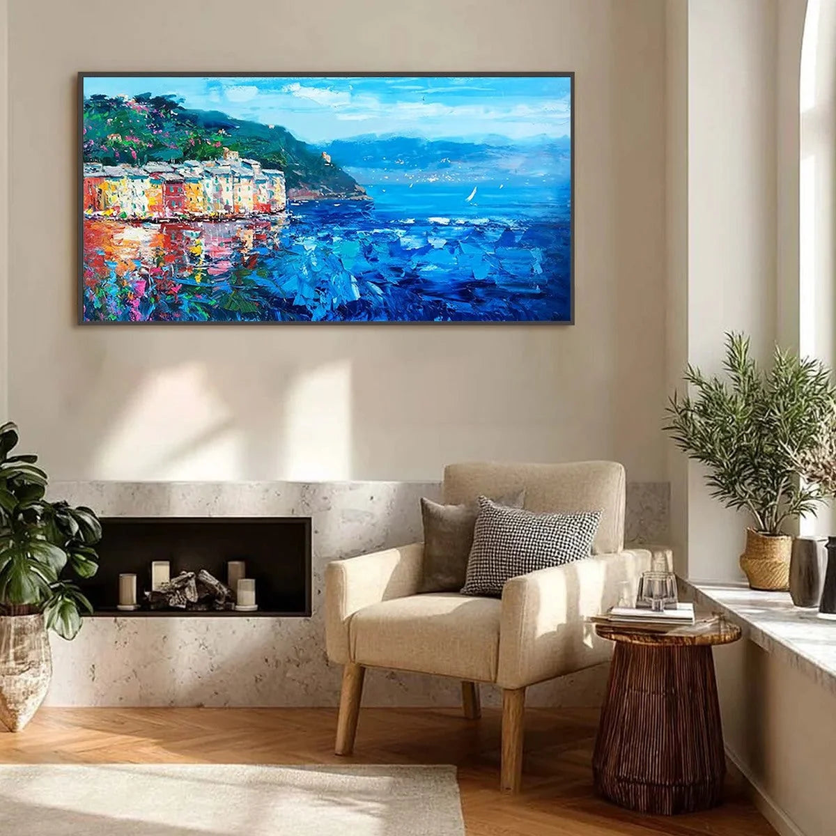 AZURE RIVIERA: Palette Knife Coastal Seascape Oil Painting | blue palette, original bedroom art