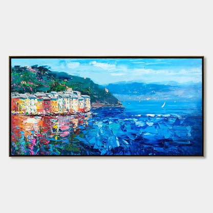 AZURE RIVIERA: Palette Knife Coastal Seascape Oil Painting | hanging in living room, palette knife wall art