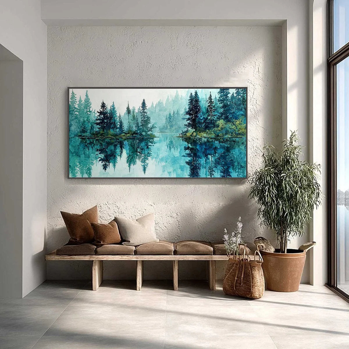AZURE SANCTUARY: Horizontal Forest Lake Reflection Landscape | textured closeup, raised brushwork detail