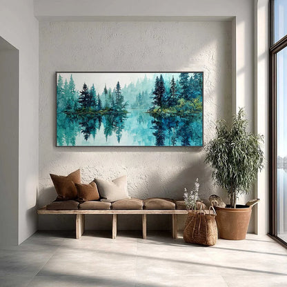 AZURE SANCTUARY: Horizontal Forest Lake Reflection Landscape | textured closeup, raised brushwork detail